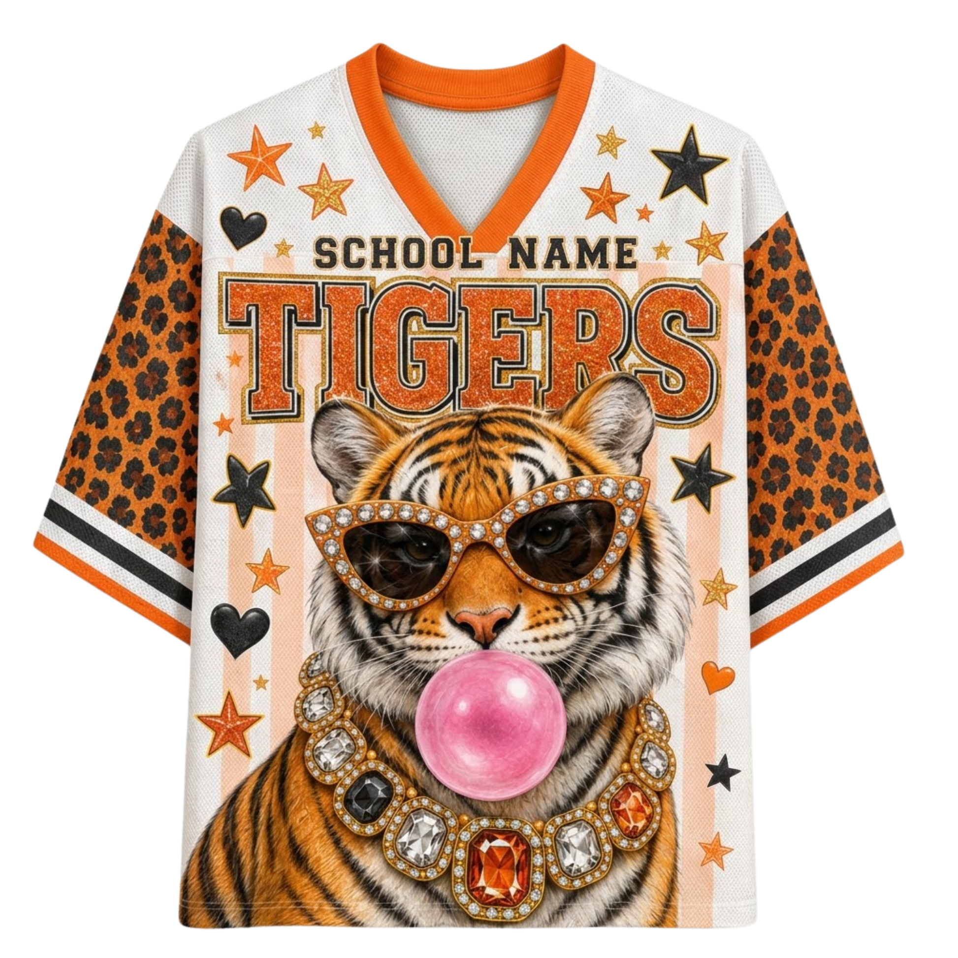 A custom tiger-themed v-neck jersey with orange and white stripes, leopard print sleeves, and a graphic of a tiger wearing sunglasses and a jeweled collar while blowing a pink bubblegum bubble. The jersey features 'SCHOOL NAME' and 'TIGERS' text with customizable placeholders.