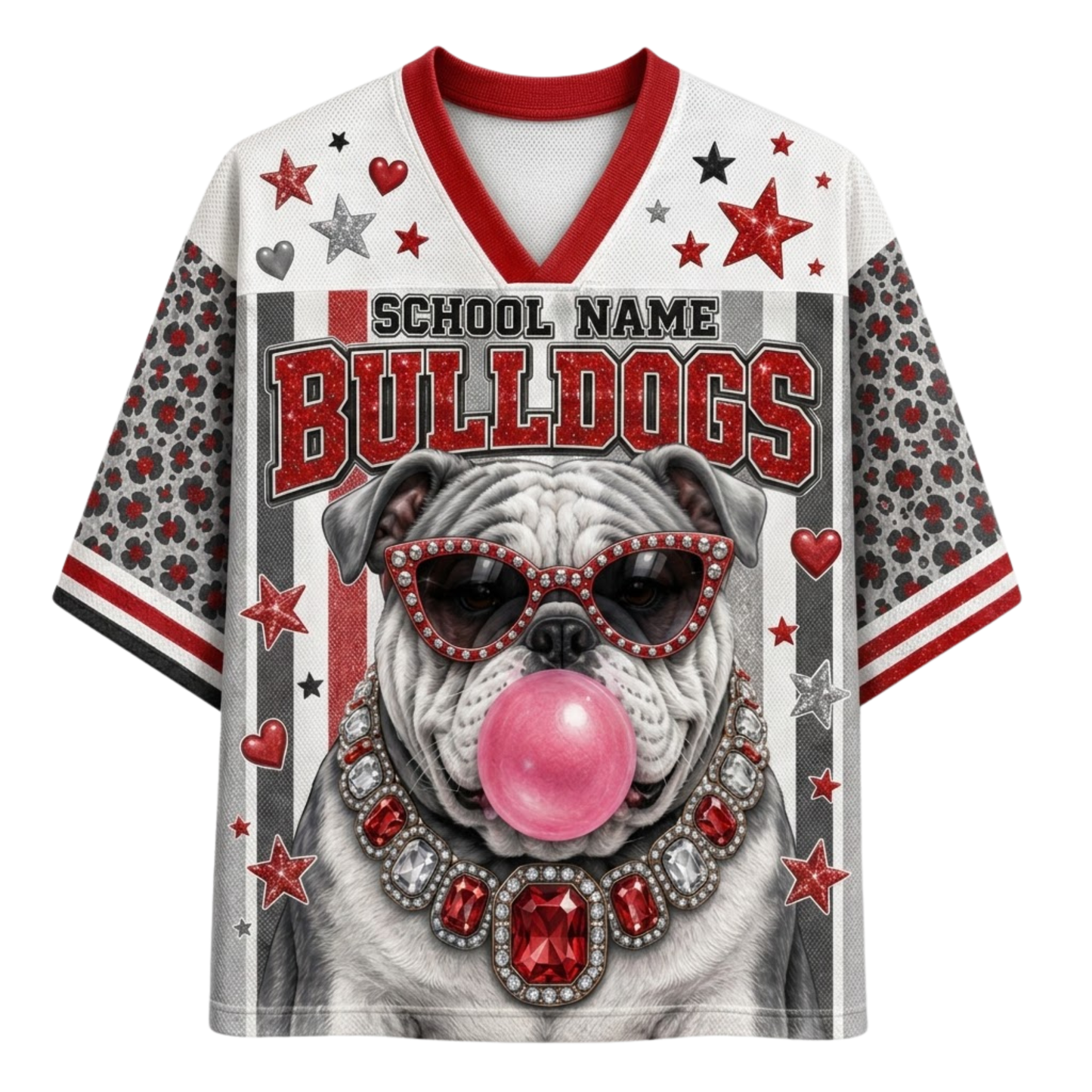 A customizable short-sleeve athletic jersey featuring a bulldog wearing sunglasses and a jeweled collar blowing pink bubblegum, with 'BULLDOGS' text and 'SCHOOL NAME' placeholder text on the front.