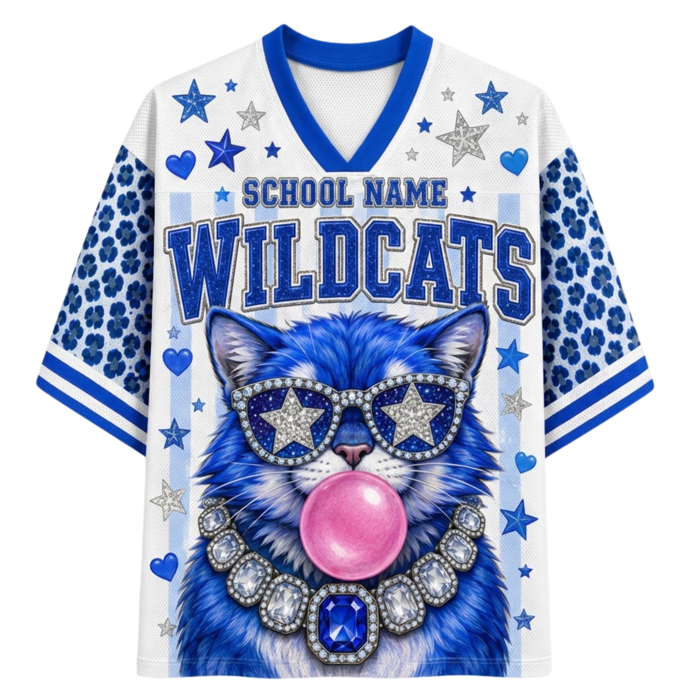 A white and blue short-sleeve V-neck jersey-style shirt with 'SCHOOL NAME WILDCATS' text and a large blue cat graphic wearing star-shaped sunglasses and a jeweled collar, on a plain white background.