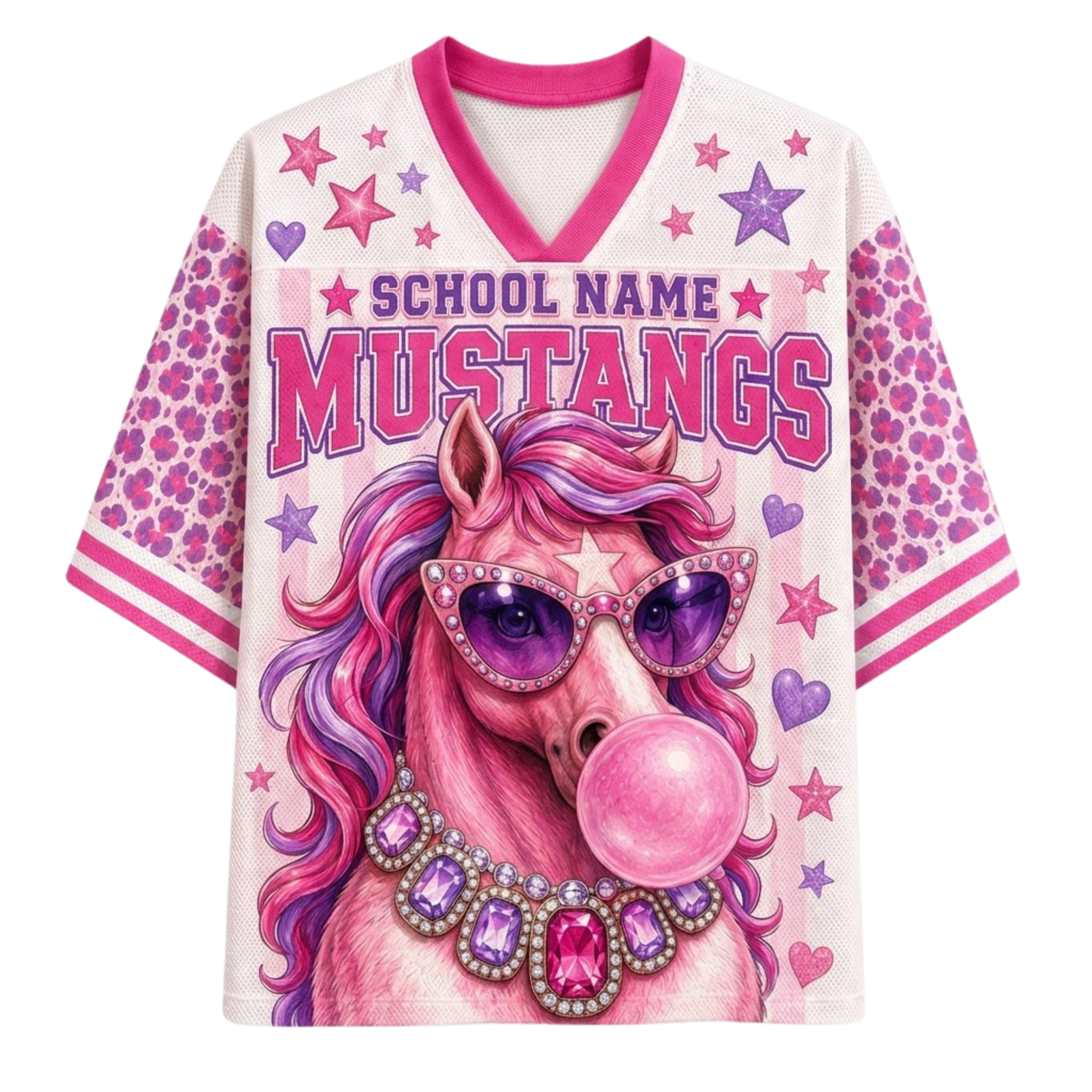 A women's short-sleeve V-neck jersey-style top in white mesh with bright pink trim, featuring a large pink unicorn graphic with purple sunglasses, gem necklace, and a pink bubblegum bubble. The front has 'SCHOOL NAME MUSTANGS' text, pink leopard-print sleeves, and scattered pink and purple stars and hearts.