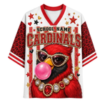 A white and red baseball-style jersey with a large graphic of a red cardinal wearing sunglasses and blowing a pink bubblegum bubble. The front has 'SCHOOL NAME CARDINALS' text, red leopard-print sleeves, and red, white, and black striped sleeve cuffs.
