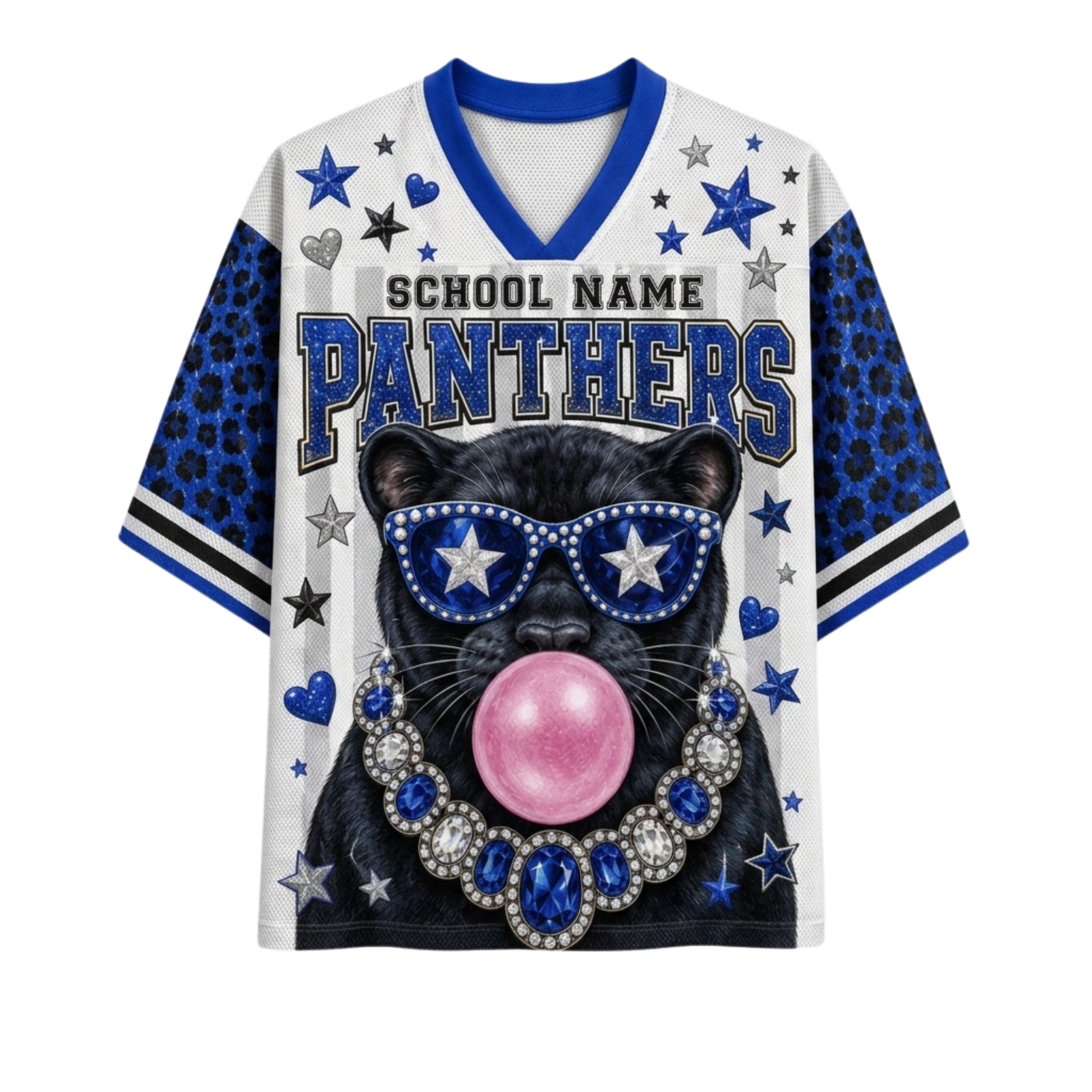 A white and blue short-sleeve V-neck jersey-style shirt with a graphic of a black panther wearing blue star sunglasses, a jeweled pink bubblegum bubble, and a blue gem necklace. The shirt features 'SCHOOL NAME PANTHERS' text across the chest, blue leopard-print sleeves, and scattered blue and silver stars.