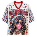 A white V-neck athletic-style jersey with red and blue trim, featuring a large patriotic graphic of a woman in a feather headdress and sunglasses blowing a pink bubblegum bubble. The jersey includes the text 'SCHOOL NAME WARRIORS' and red, white, and blue star and heart motifs.