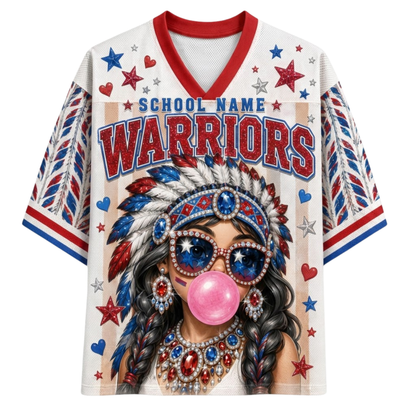A white V-neck athletic-style jersey with red and blue trim, featuring a large patriotic graphic of a woman in a feather headdress and sunglasses blowing a pink bubblegum bubble. The jersey includes the text 'SCHOOL NAME WARRIORS' and red, white, and blue star and heart motifs.