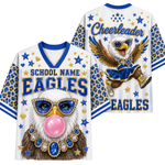 Front and back views of a white short-sleeve V-neck jersey-style shirt with blue trim, blue leopard-print sleeves, and eagle-themed graphics. The front reads "SCHOOL NAME EAGLES" with a large bald eagle wearing blue sunglasses and a pink bubblegum bubble.