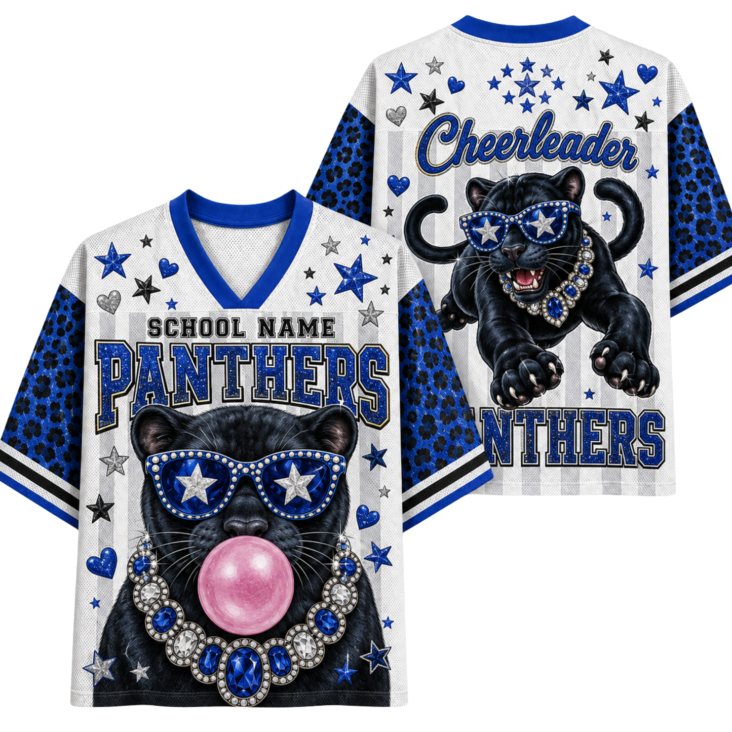 Front and back views of a custom V-neck athletic jersey featuring a black panther graphic wearing blue star sunglasses, a rhinestone collar, and a pink bubblegum bubble. The jersey has blue leopard-print sleeves, a white body with blue stripes, and 'PANTHERS' and 'Cheerleader' text on a white background.
