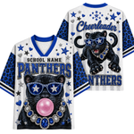 Front and back views of a custom V-neck athletic jersey featuring a black panther graphic wearing blue star sunglasses, a rhinestone collar, and a pink bubblegum bubble. The jersey has blue leopard-print sleeves, a white body with blue stripes, and 'PANTHERS' and 'Cheerleader' text on a white background.