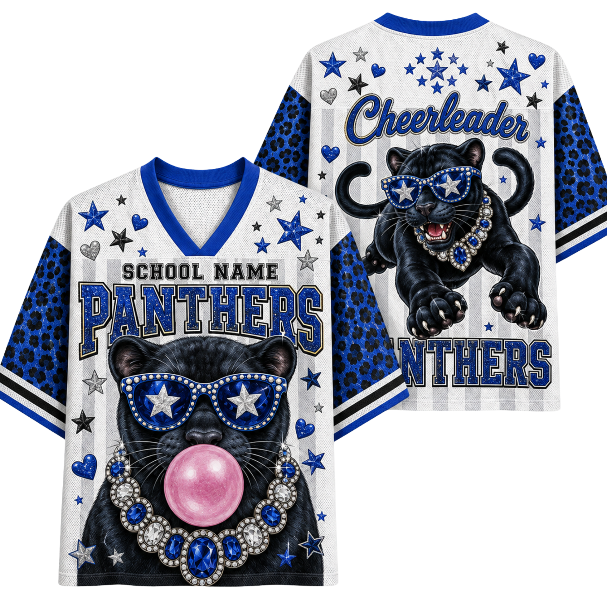 Front and back views of a custom V-neck athletic jersey featuring a black panther graphic wearing blue star sunglasses, a rhinestone collar, and a pink bubblegum bubble. The jersey has blue leopard-print sleeves, a white body with blue stripes, and 'PANTHERS' and 'Cheerleader' text on a white background.