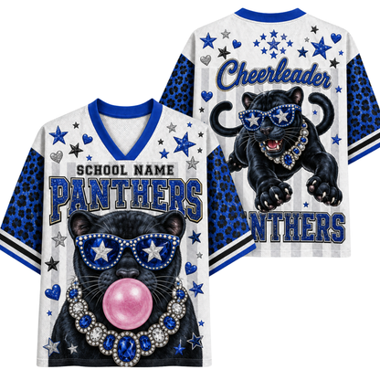 Front and back views of a custom V-neck athletic jersey featuring a black panther graphic wearing blue star sunglasses, a rhinestone collar, and a pink bubblegum bubble. The jersey has blue leopard-print sleeves, a white body with blue stripes, and 'PANTHERS' and 'Cheerleader' text on a white background.