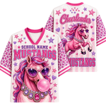 Front and back views of a white V-neck cheerleader jersey with pink trim, featuring a pink unicorn graphic with purple hair, pink stars, hearts, and the text 'SCHOOL NAME MUSTANGS' and 'Cheerleader MUSTANGS'.