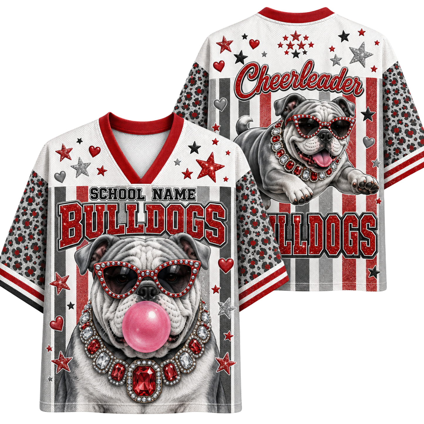 Front and back views of a white short-sleeve V-neck t-shirt featuring a bulldog graphic with red and silver accents, stars, hearts, and the text 'BULLDOGS', 'SCHOOL NAME', and 'Cheerleader'.