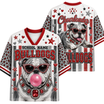 Front and back views of a white short-sleeve V-neck t-shirt featuring a bulldog graphic with red and silver accents, stars, hearts, and the text 'BULLDOGS', 'SCHOOL NAME', and 'Cheerleader'.