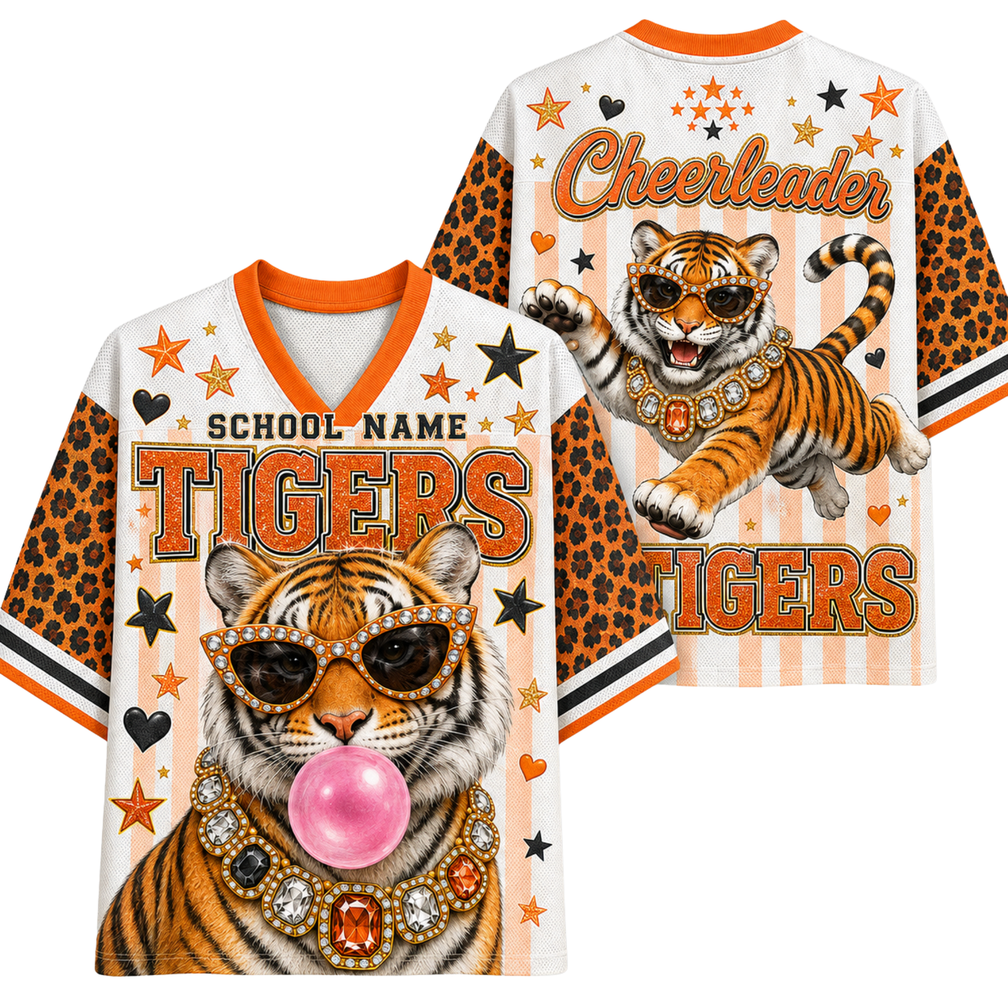 Front and back views of a white V-neck t-shirt with orange and black leopard print sleeves, featuring a cartoon tiger wearing sunglasses and a jeweled collar, with 'TIGERS' and 'Cheerleader' text on a white background.