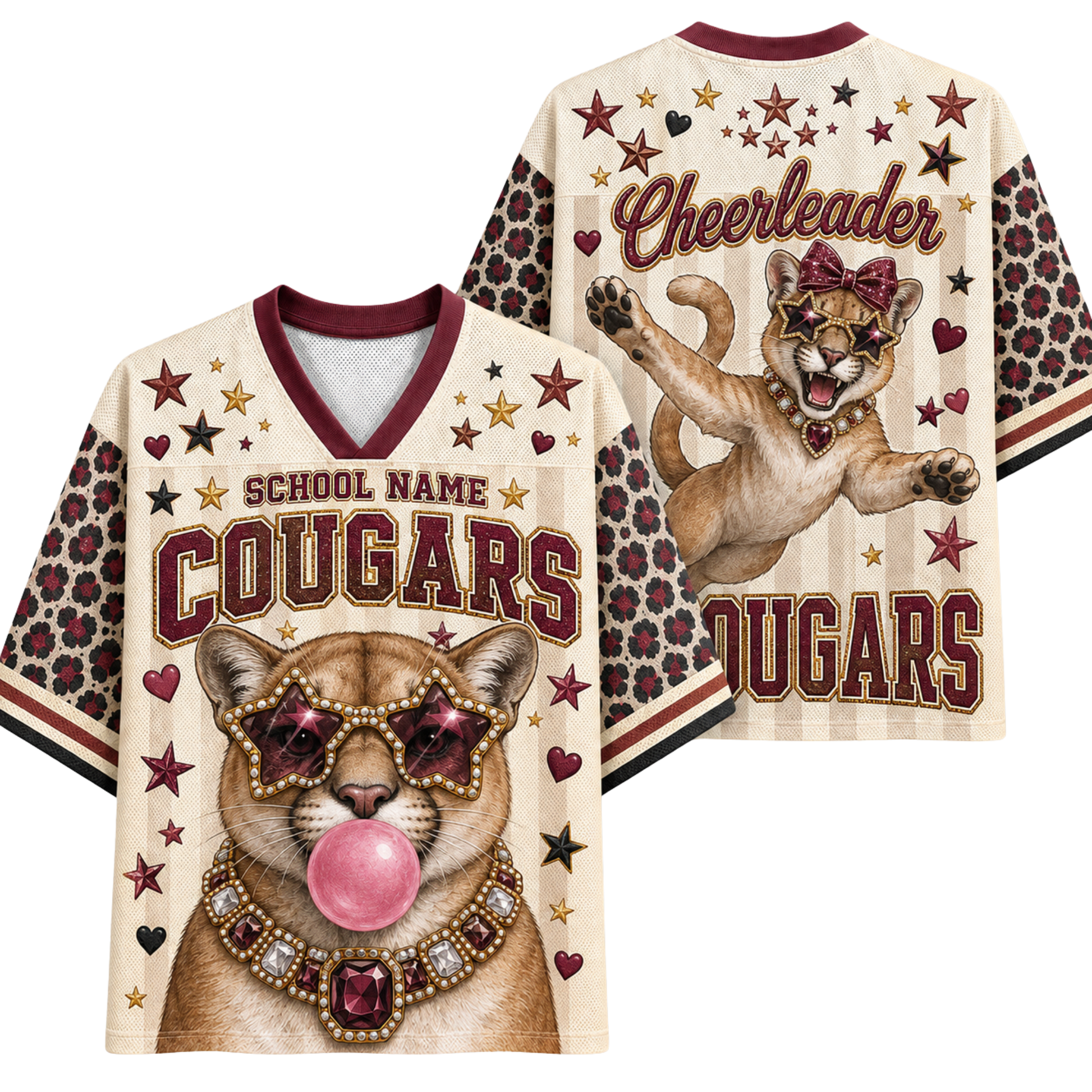 Front and back views of a women's V-neck cheerleader cougar jersey. The cream-colored shirt features a cougar graphic wearing star-shaped sunglasses and bubblegum bubble, with 'SCHOOL NAME COUGARS' and 'Cheerleader' text, plus leopard-print sleeves and star heart patterns.