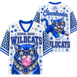 A white and blue graphic t-shirt shown from both the front and back. The design features a blue cat wearing starry sunglasses and a jeweled collar, blowing a pink bubblegum bubble.
