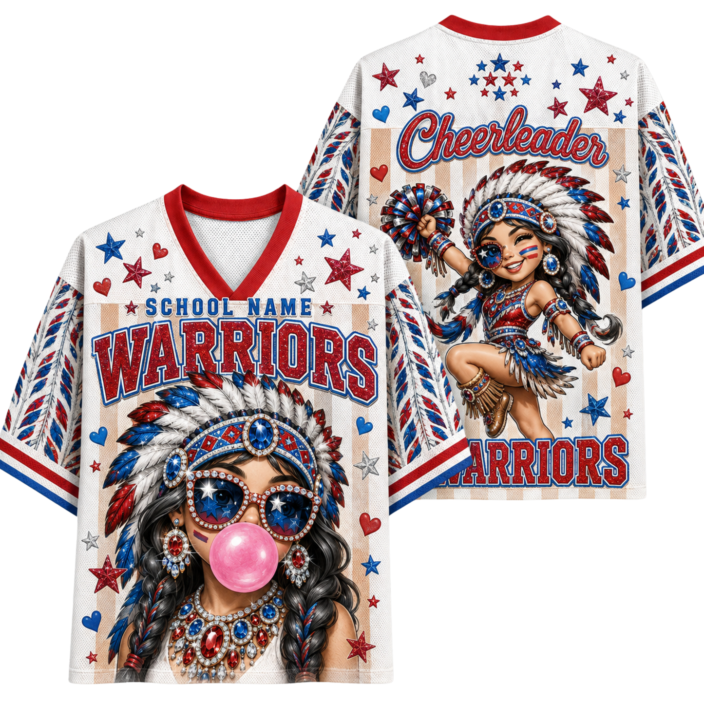 Front and back views of a white V-neck cheerleader graphic t-shirt. The shirt features a patriotic red, white, and blue theme with stars, hearts, and a cartoon cheerleader wearing a feathered headdress and blowing a pink bubblegum bubble.