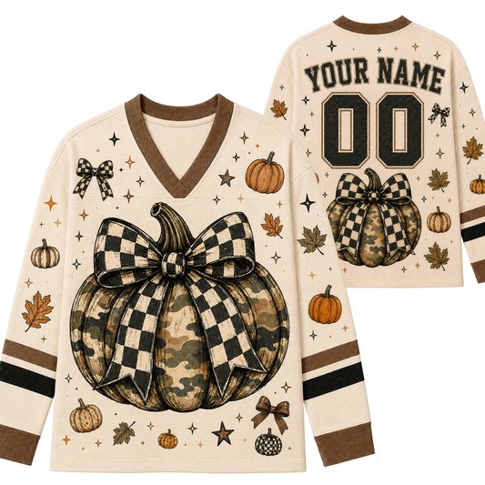 Front and back view mockup of the cream and brown Chaotic Club long sleeve jersey featuring a camo pumpkin with a black and white checkered bow, custom name, and number 00.