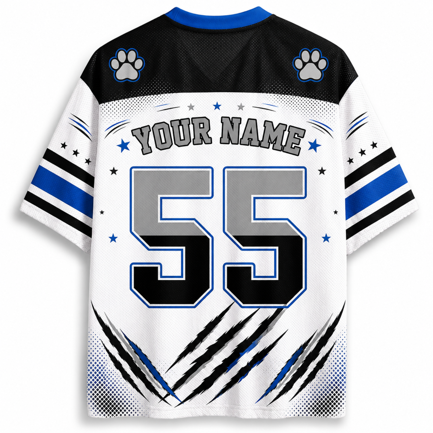 Customizable sports jersey back view with 'YOUR NAME' text, number 55, blue paw print logos, and blue/black/white graphic details on a white background.