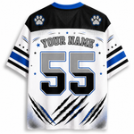 Customizable sports jersey back view with 'YOUR NAME' text, number 55, blue paw print logos, and blue/black/white graphic details on a white background.