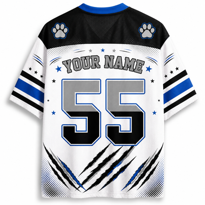 Customizable sports jersey back view with 'YOUR NAME' text, number 55, blue paw print logos, and blue/black/white graphic details on a white background.