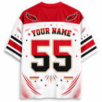 Customizable football jersey back design with red and white color scheme, featuring 'YOUR NAME', number '55', wing logos on shoulders, and decorative stars and stripes on the sleeves.