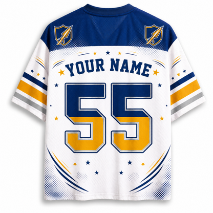 Customizable sports jersey mockup showing the back view with navy blue shoulder panels, white body, yellow and navy lettering for 'YOUR NAME' and the number '55', plus shield logos on the shoulders and striped sleeve accents.