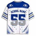 Custom sports jersey back view with blue and silver graphics, featuring 'SCHOOL NAME' and number '55' on a white mesh base with blue shoulder panels.