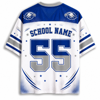 Custom sports jersey back view with blue and silver graphics, featuring 'SCHOOL NAME' and number '55' on a white mesh base with blue shoulder panels.