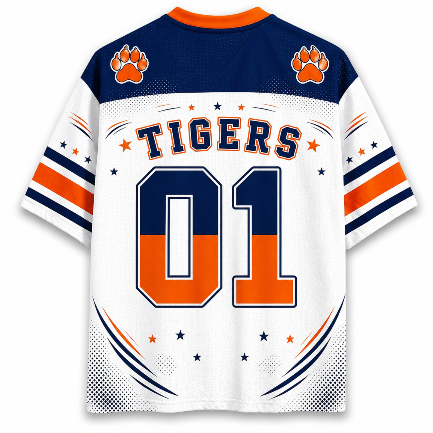 White short-sleeve athletic jersey with navy and orange graphics, featuring 'TIGERS' and the number '01' on the back, with orange paw print logos on the shoulders.