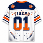 White short-sleeve athletic jersey with navy and orange graphics, featuring 'TIGERS' and the number '01' on the back, with orange paw print logos on the shoulders.