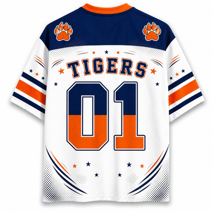 White short-sleeve athletic jersey with navy and orange graphics, featuring 'TIGERS' and the number '01' on the back, with orange paw print logos on the shoulders.