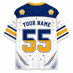 Customizable sports jersey back view with navy blue and yellow graphics on a white base, featuring 'YOUR NAME', the number '55', and paw print details.