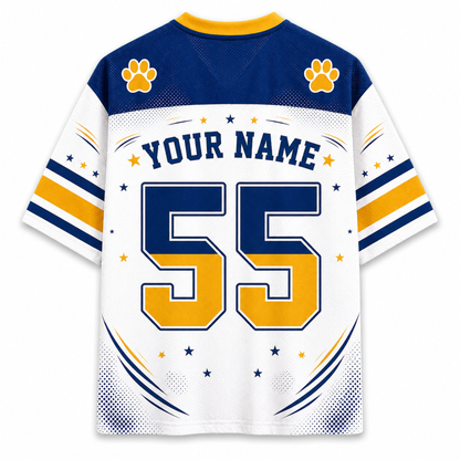 Customizable sports jersey back view with navy blue and yellow graphics on a white base, featuring 'YOUR NAME', the number '55', and paw print details.
