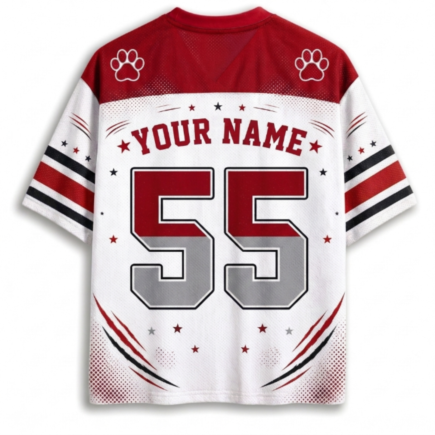 Customizable sports jersey back view with red and white color scheme, featuring paw print graphics on the shoulders, 'YOUR NAME' text, and the number '55' in red and gray.