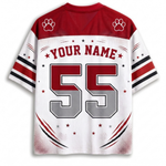 Customizable sports jersey back view with red and white color scheme, featuring paw print graphics on the shoulders, 'YOUR NAME' text, and the number '55' in red and gray.
