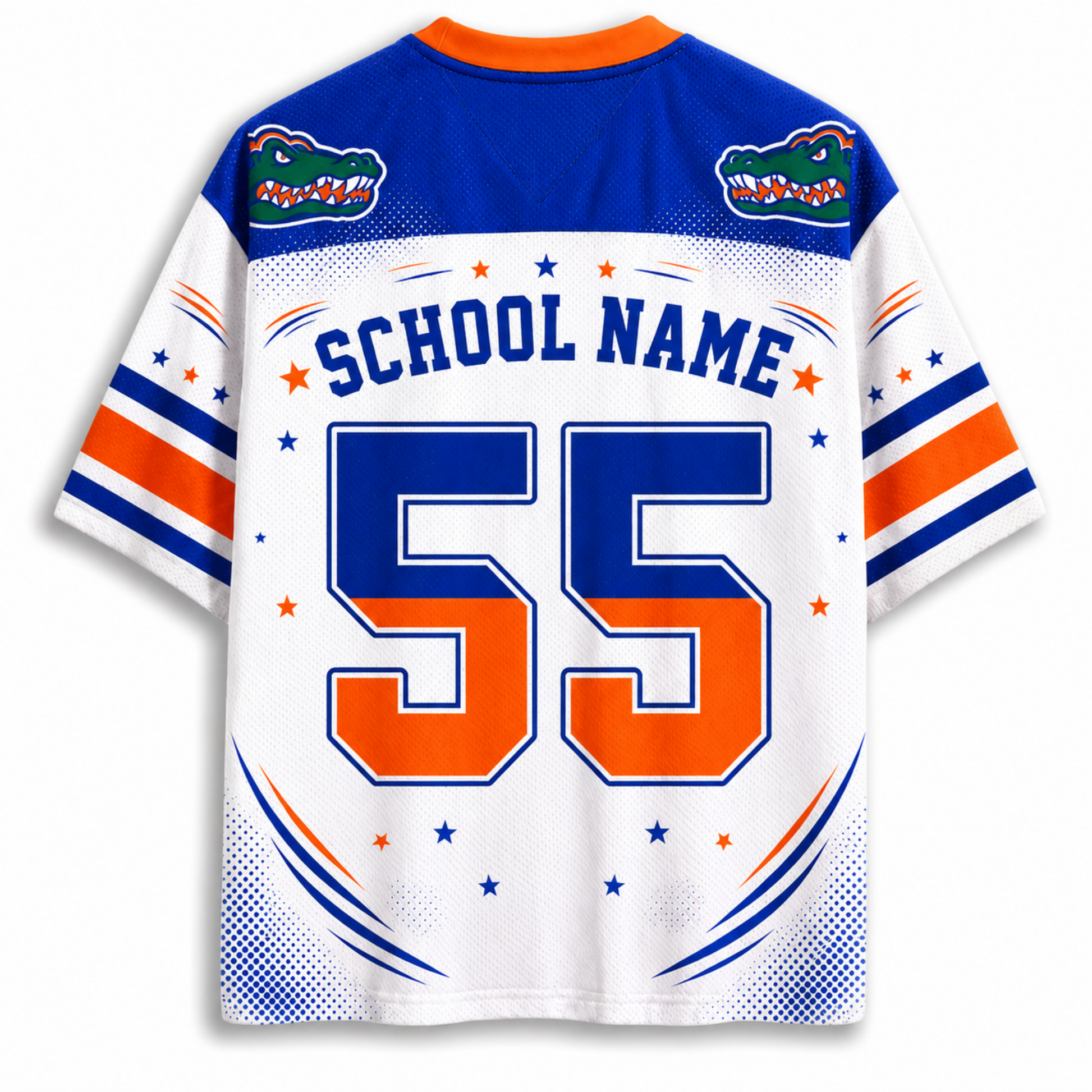 Back view of a Florida Gators themed short-sleeve jersey with 'SCHOOL NAME' and number '55' printed on it. The jersey features a white body with blue and orange sleeve stripes, blue shoulder panels, alligator logos on the shoulders, and blue and orange graphic accents at the bottom.