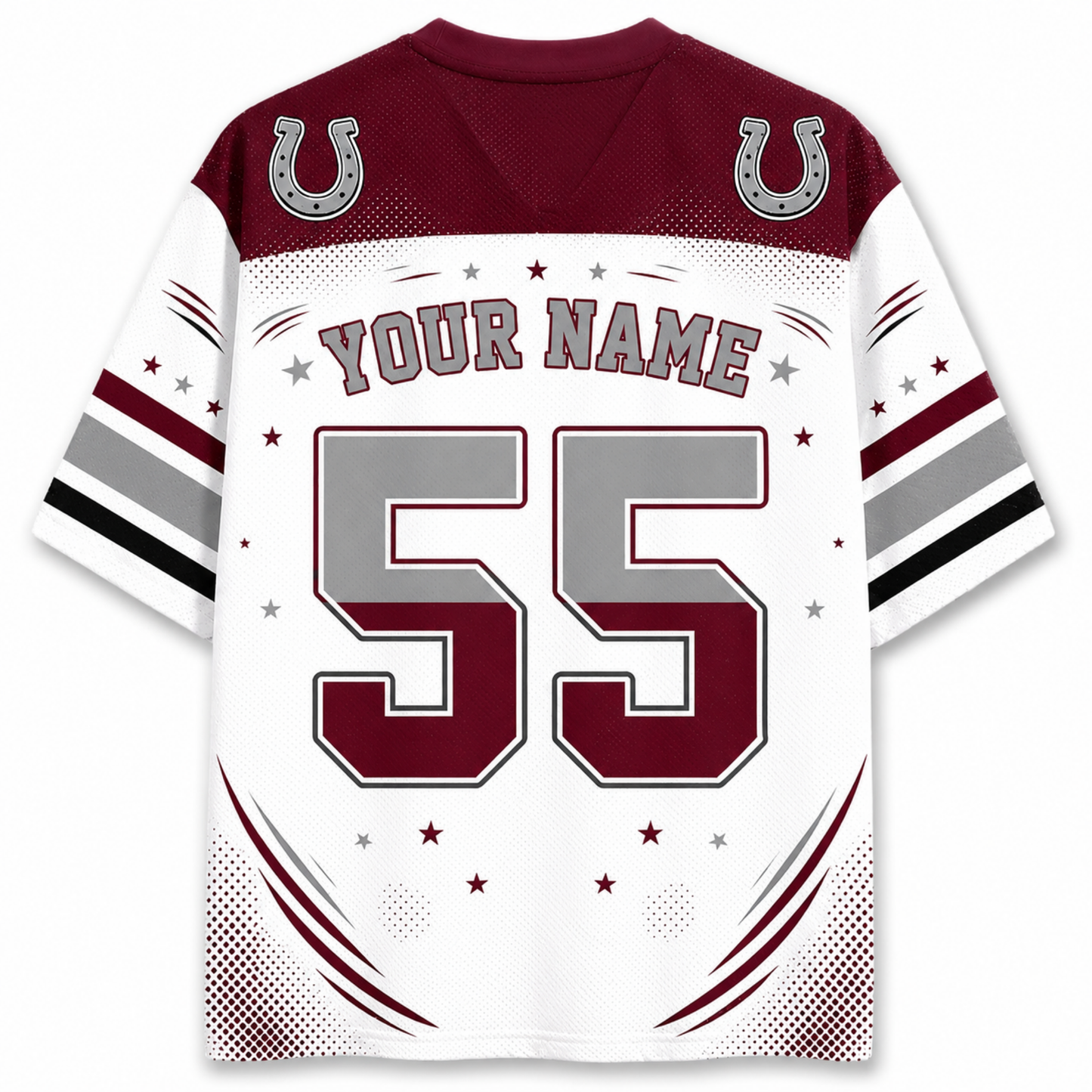 Customizable football jersey back view with maroon shoulders and collar, white body, gray number 55, stars, and horseshoe logos near the shoulders. The back reads 'YOUR NAME'.