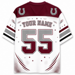Customizable football jersey back view with maroon shoulders and collar, white body, gray number 55, stars, and horseshoe logos near the shoulders. The back reads 'YOUR NAME'.