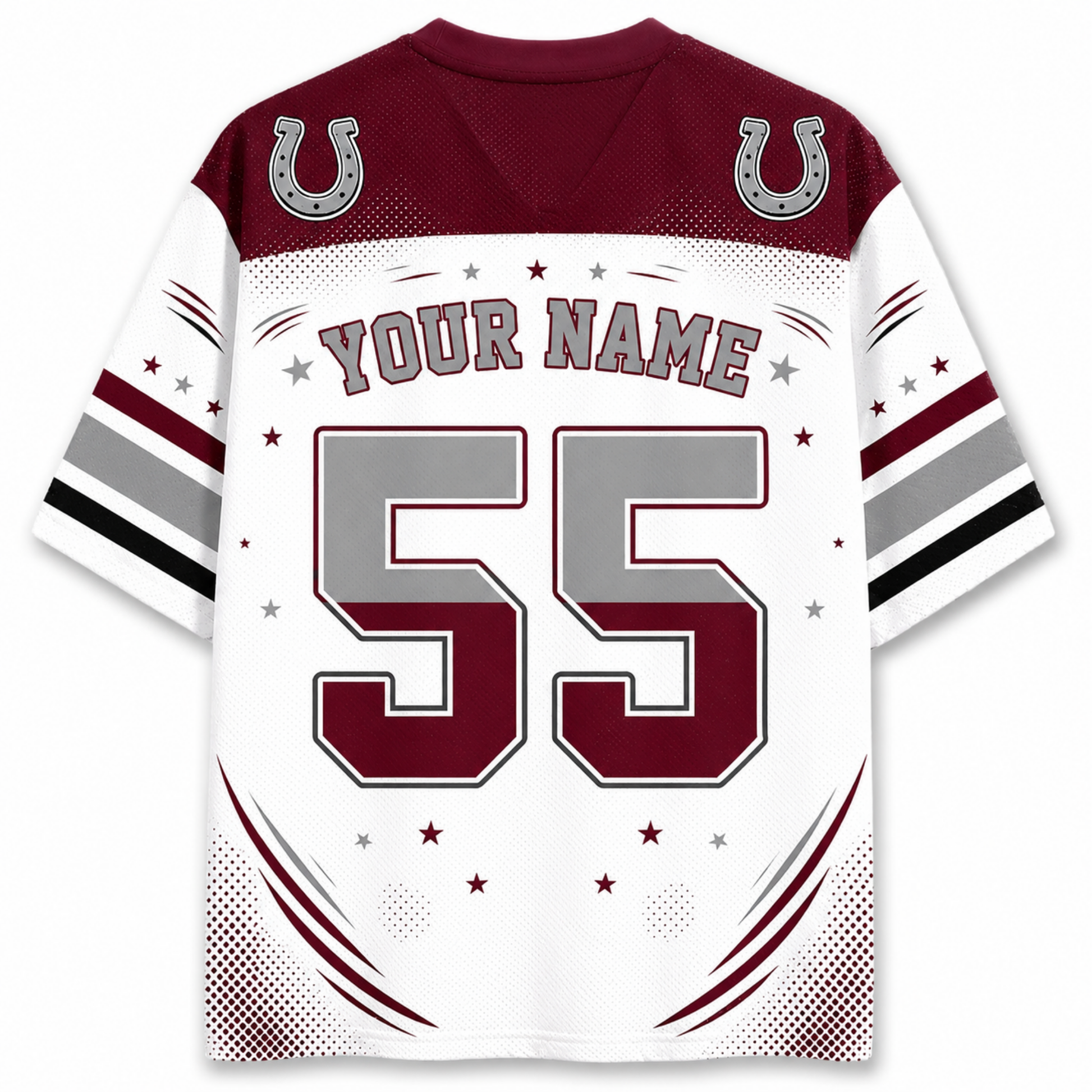 Customizable football jersey back view with maroon shoulders and collar, white body, gray number 55, stars, and horseshoe logos near the shoulders. The back reads 'YOUR NAME'.