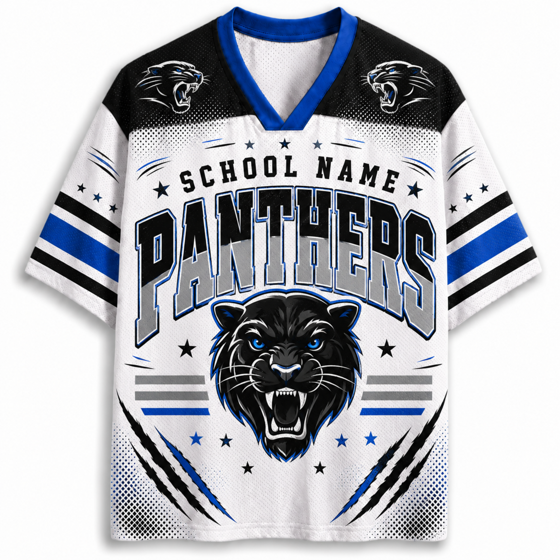 A customizable short-sleeve V-neck football jersey featuring a white body with black and blue shoulder panels, blue and black striped sleeves, and a large black panther graphic with the text 'SCHOOL NAME PANTHERS' on the front.