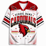 A customizable short-sleeve V-neck football jersey featuring a red and white design with 'SCHOOL NAME CARDINALS' and a red cardinal bird graphic on the front.