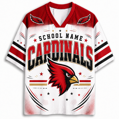A customizable short-sleeve V-neck football jersey featuring a red and white design with 'SCHOOL NAME CARDINALS' and a red cardinal bird graphic on the front.
