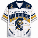 A custom football jersey mockup featuring a navy blue and white design with gold accents. The front displays 'SCHOOL NAME WARRIORS' in large lettering, a Spartan helmet graphic, and shield logos on the shoulders, with 'WARRIORS' in navy and gold.