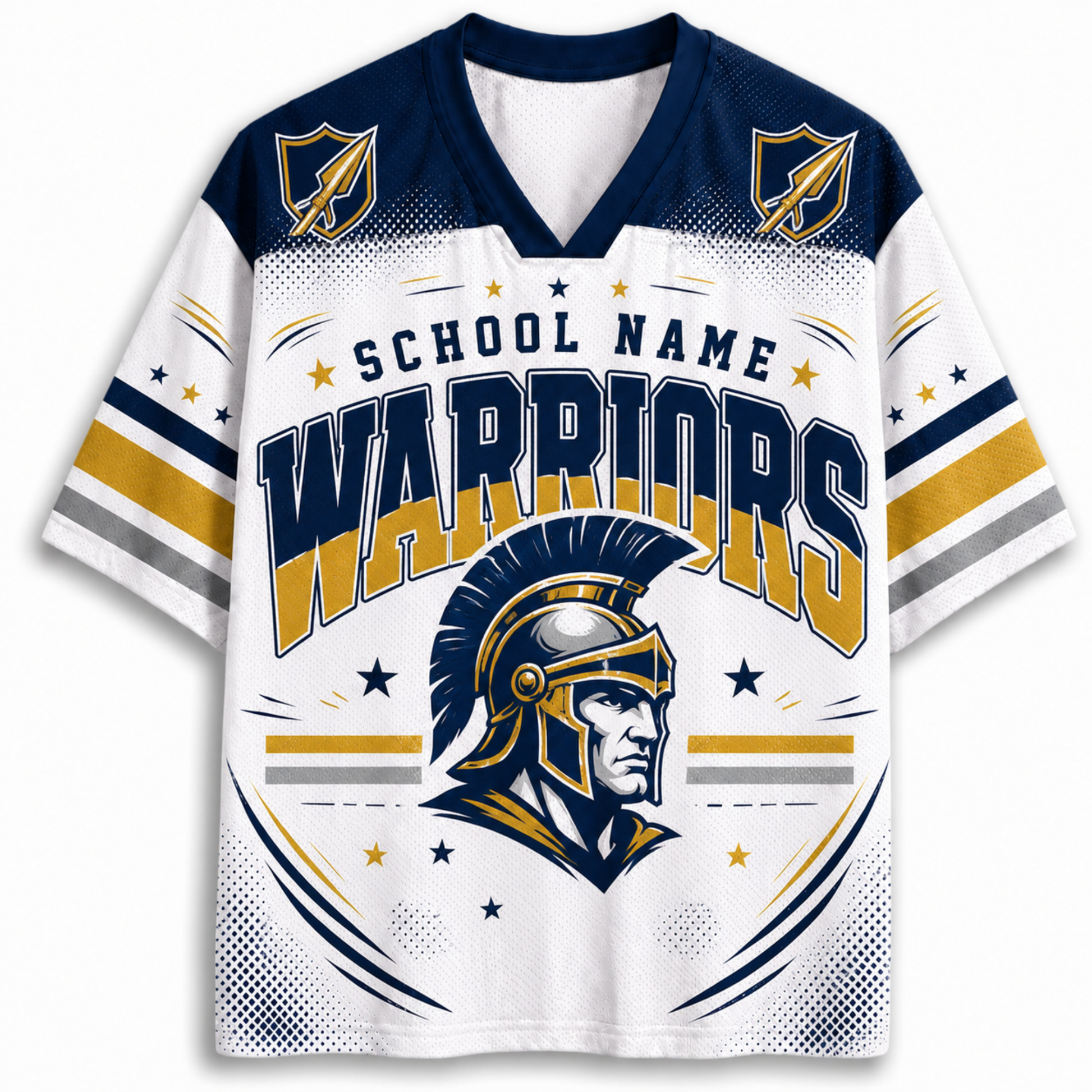 A custom football jersey mockup featuring a navy blue and white design with gold accents. The front displays 'SCHOOL NAME WARRIORS' in large lettering, a Spartan helmet graphic, and shield logos on the shoulders, with 'WARRIORS' in navy and gold.