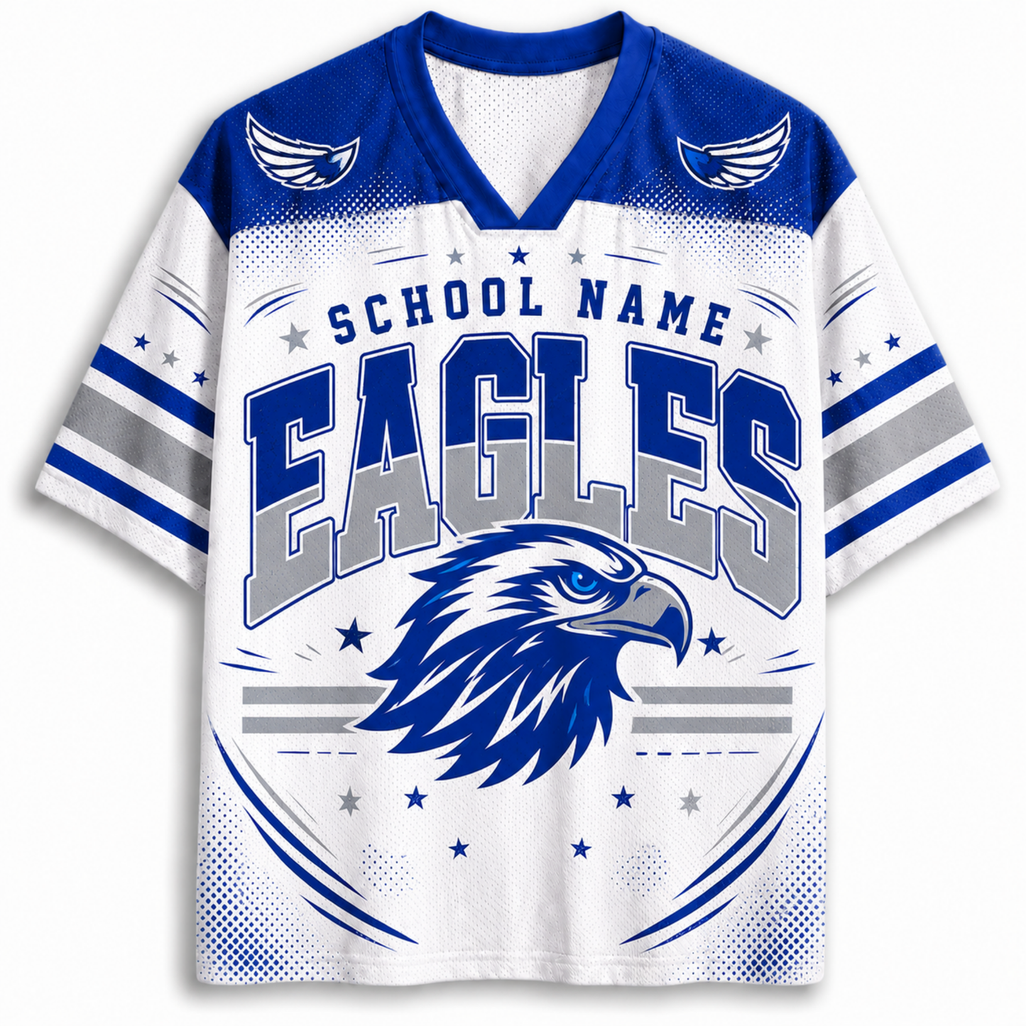 A customizable short-sleeve V-neck jersey with a white and blue design featuring the word 'EAGLES' and an eagle head graphic on the front, with 'SCHOOL NAME' printed above.