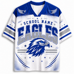 A customizable short-sleeve V-neck jersey with a white and blue design featuring the word 'EAGLES' and an eagle head graphic on the front, with 'SCHOOL NAME' printed above.