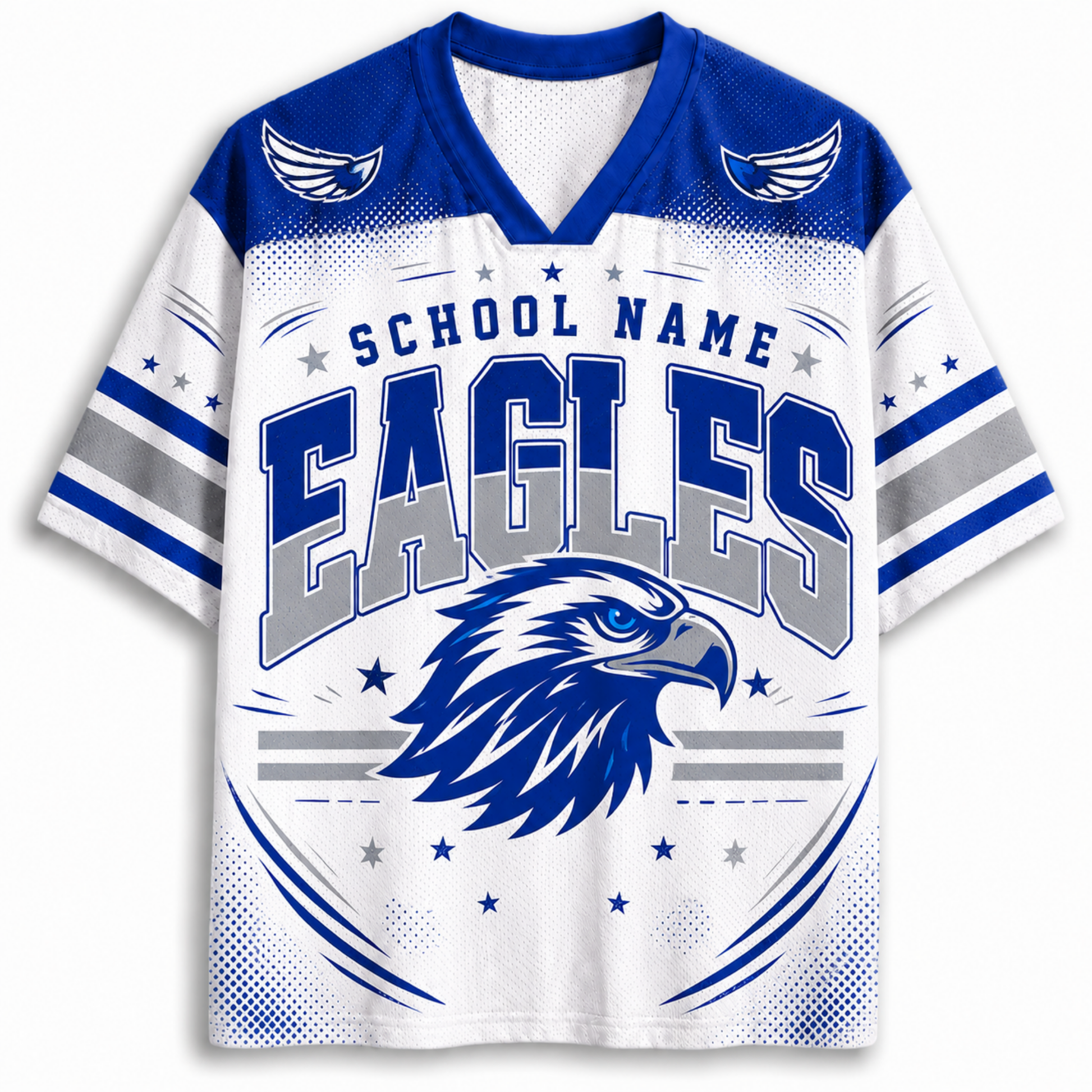 A customizable short-sleeve V-neck jersey with a white and blue design featuring the word 'EAGLES' and an eagle head graphic on the front, with 'SCHOOL NAME' printed above.