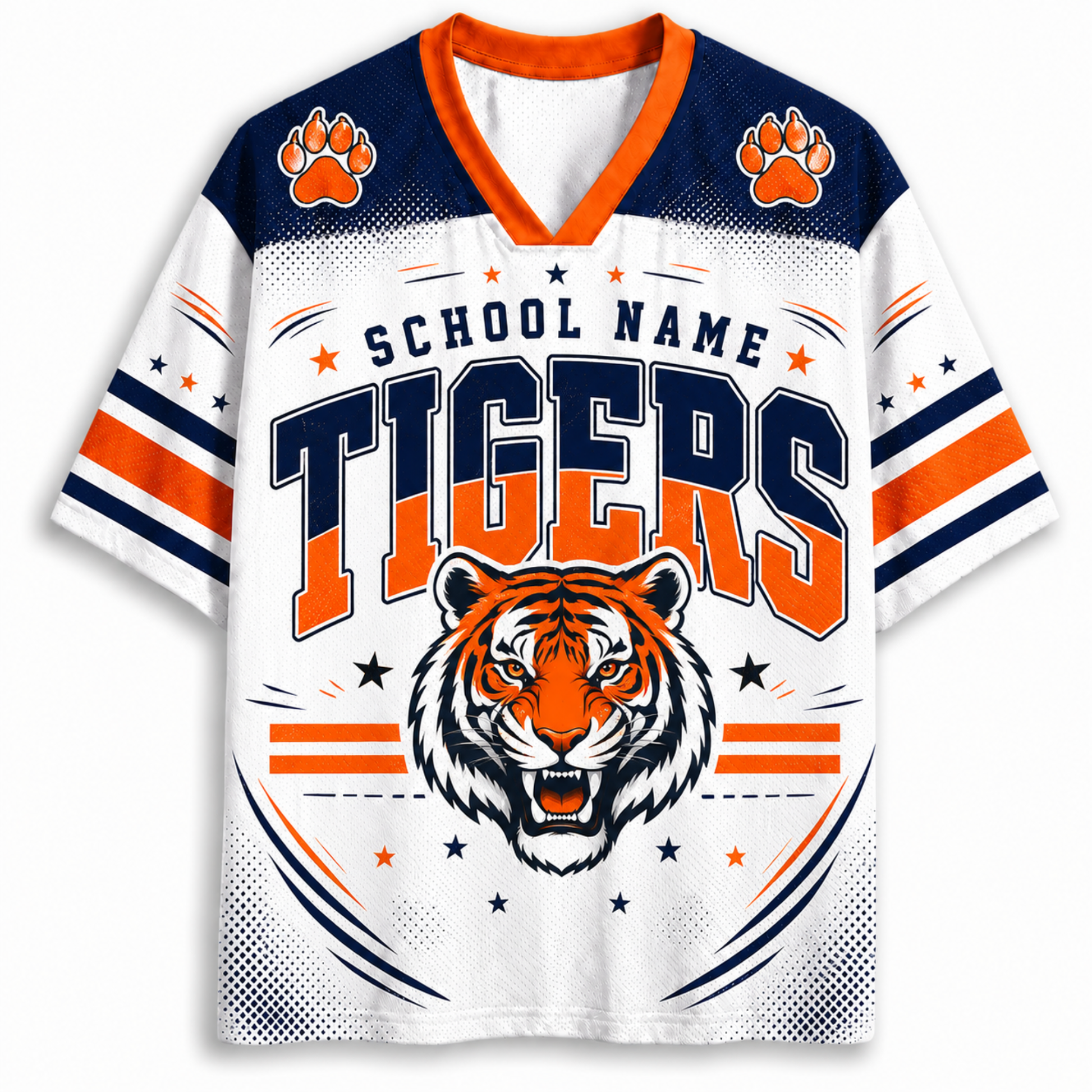 A white short-sleeve V-neck jersey-style shirt with navy and orange graphics, featuring the words 'SCHOOL NAME TIGERS,' a tiger head illustration on the front, and orange paw-print motifs near the shoulders.