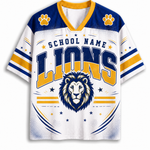 A customizable short-sleeve football jersey with a white base, navy blue shoulders and collar, and yellow accents. The front features a customizable 'SCHOOL NAME LIONS' text design with a lion graphic, paw prints on the shoulders, and striped sleeves.