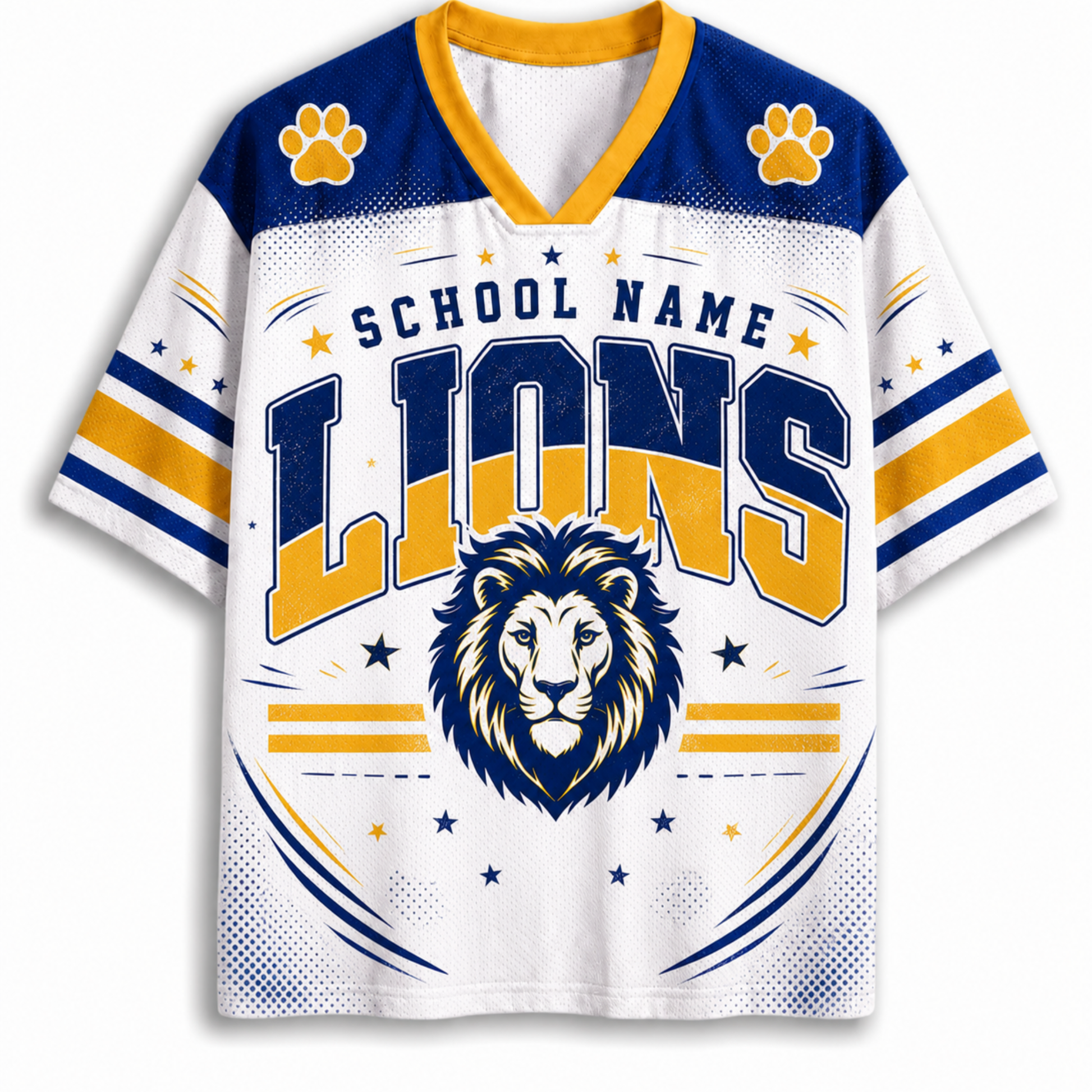 A customizable short-sleeve football jersey with a white base, navy blue shoulders and collar, and yellow accents. The front features a customizable 'SCHOOL NAME LIONS' text design with a lion graphic, paw prints on the shoulders, and striped sleeves.